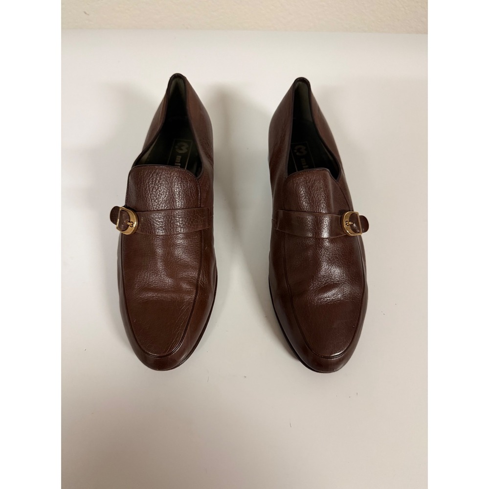 Mila Schon Brown Leather Buckle Loafers Made in Italy Size 8.5 Almond Toe women